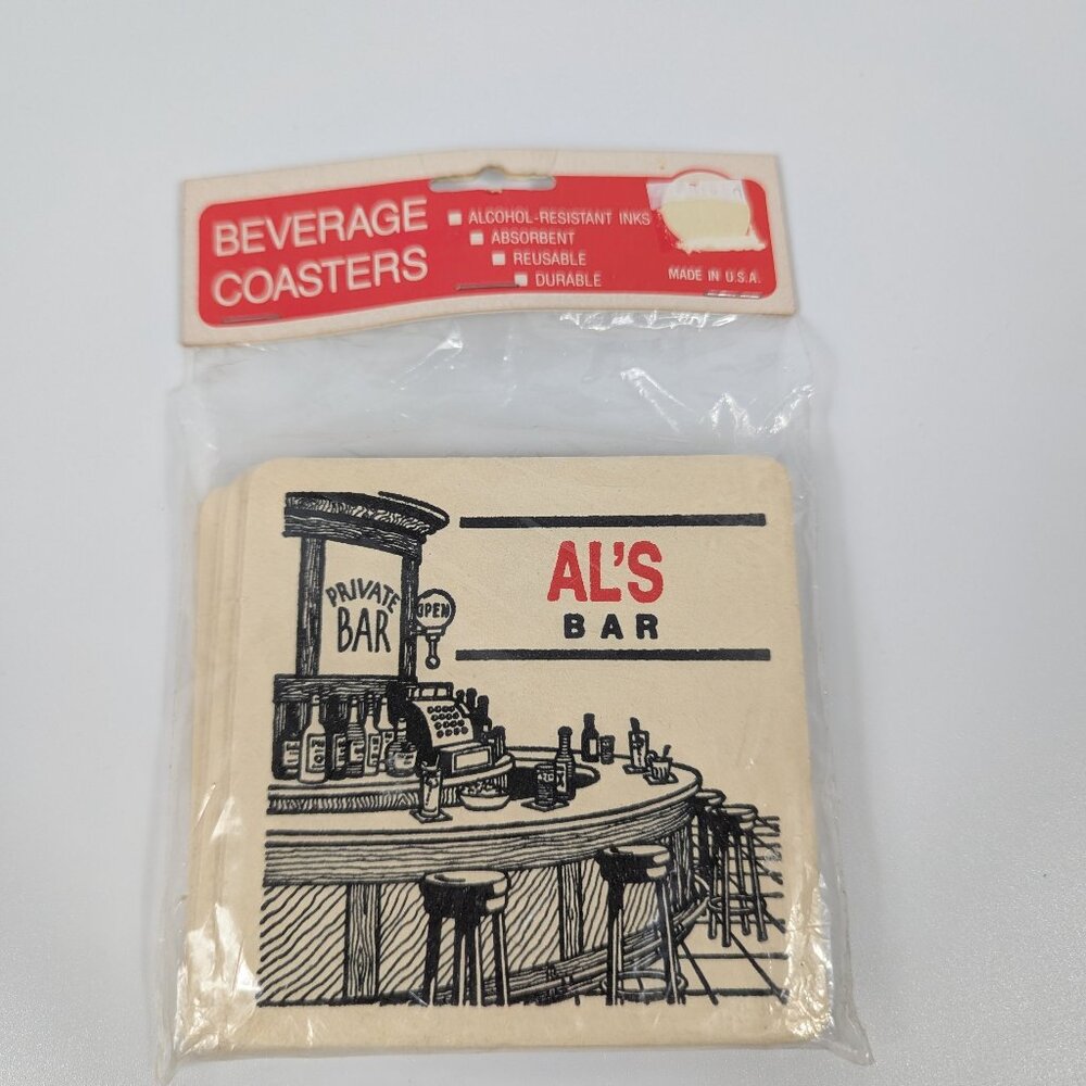 Vintage Al's Bar 4" Square Cocktail Beverage Coaster Set - 6 Cardboard Coasters